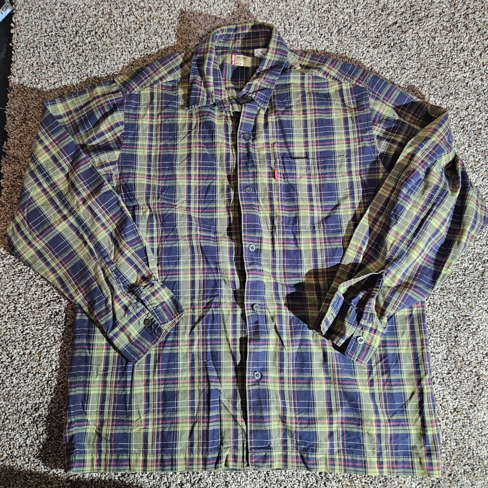 Levis Red Tab Mens Medium Green Navy Plaid Long Sleeve Button Up Cotton Shirt